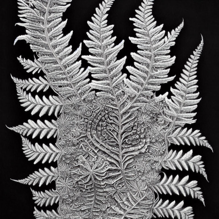 Detailed black and white fern leaves and floral patterns on dark backdrop