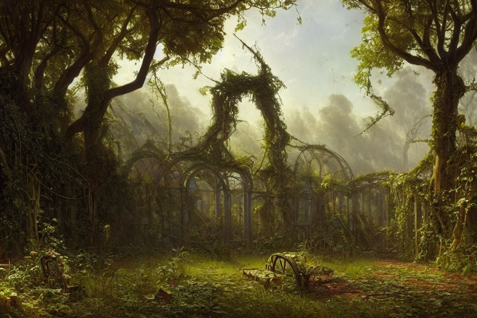 Mystical overgrown garden with ivy-covered trees and arches in soft sunlight