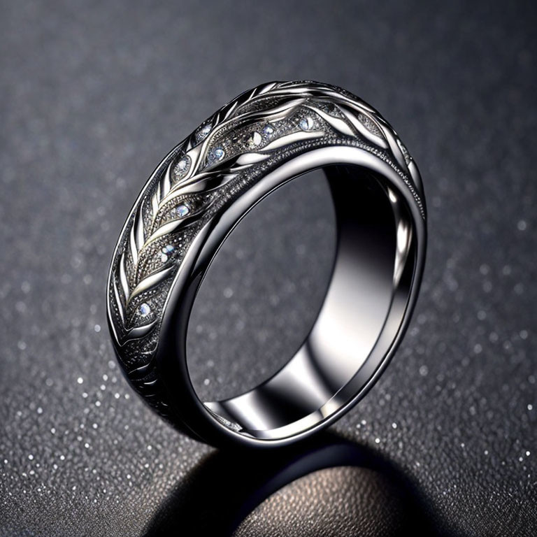 Black metal ring with leaf pattern and gemstones on dark background