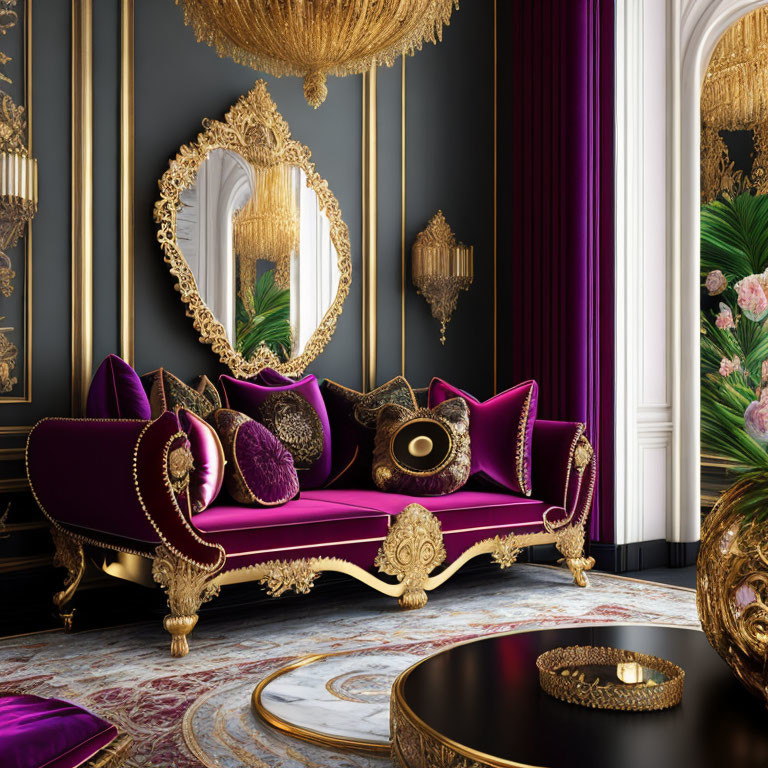 Luxurious Dark Room with Gold Accents & Purple Velvet Sofa