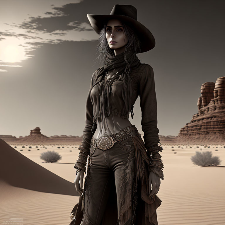 Woman in cowboy hat and attire in desert with rock formations under hazy sky