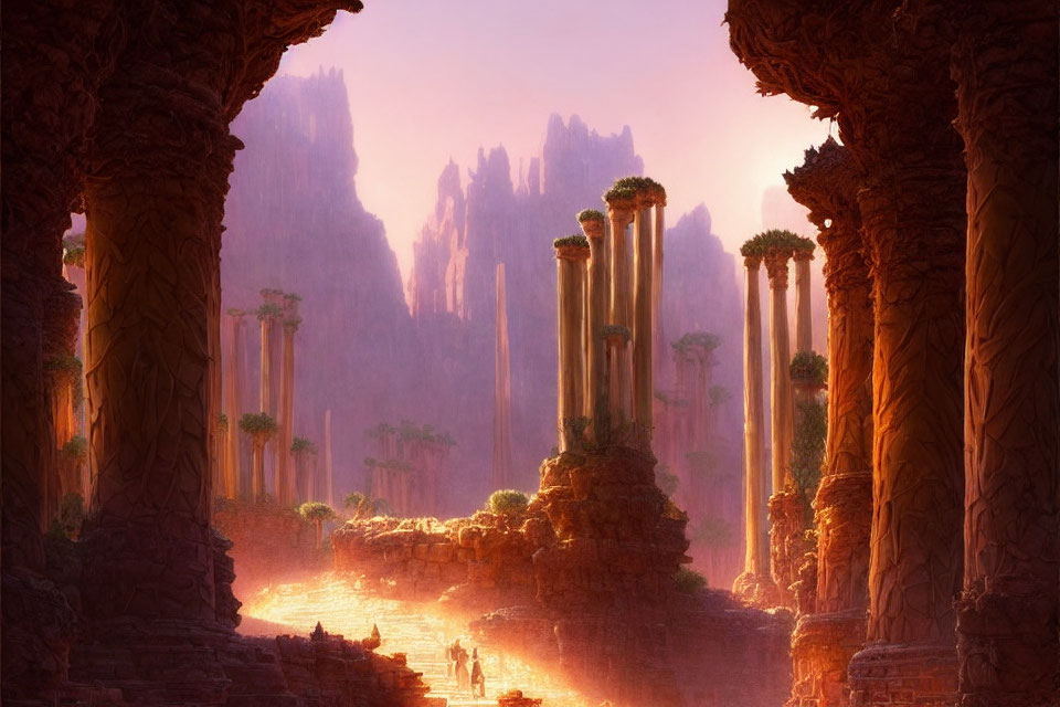 Mystical landscape with towering ruins and lush trees