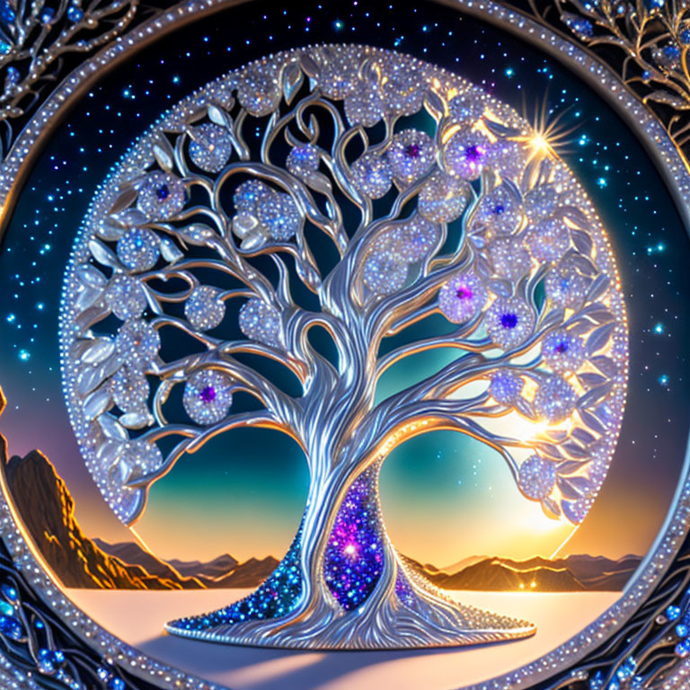 Digital artwork: Vibrant tree with silver and blue leaves in celestial frame