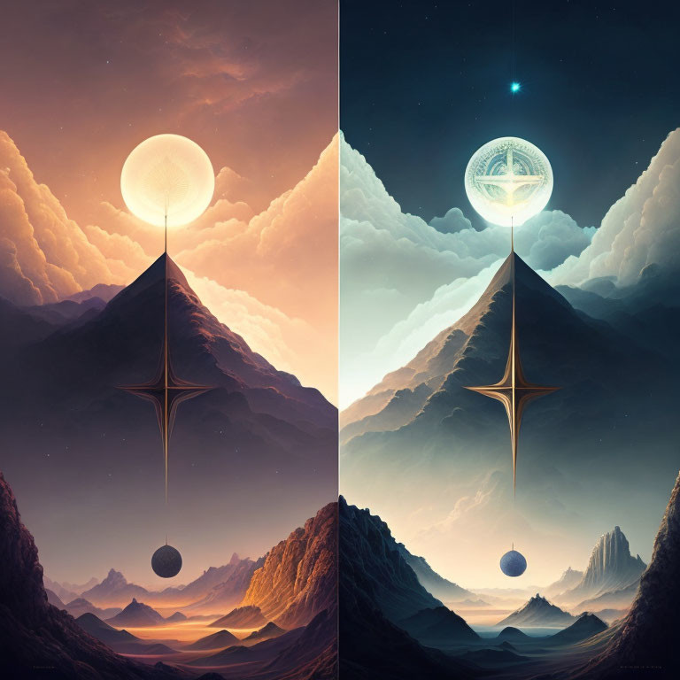 Split surreal landscapes with mountains, different skies, fantastical structures, and floating orbs