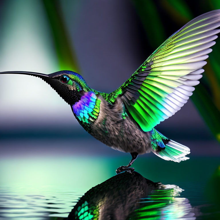 Iridescent hummingbird perched by water with spread wings