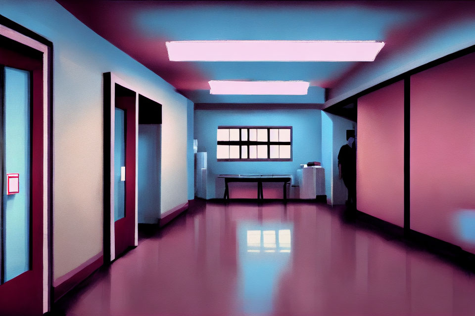 Stylized illustration of hallway with pink walls and reflective floors