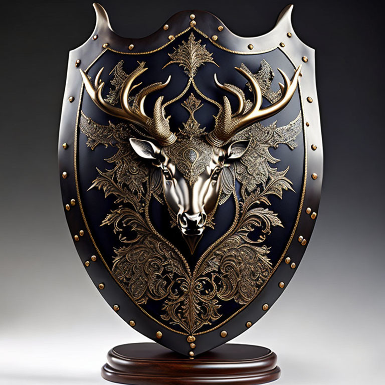 Golden stag's head shield with ornate design on dark background