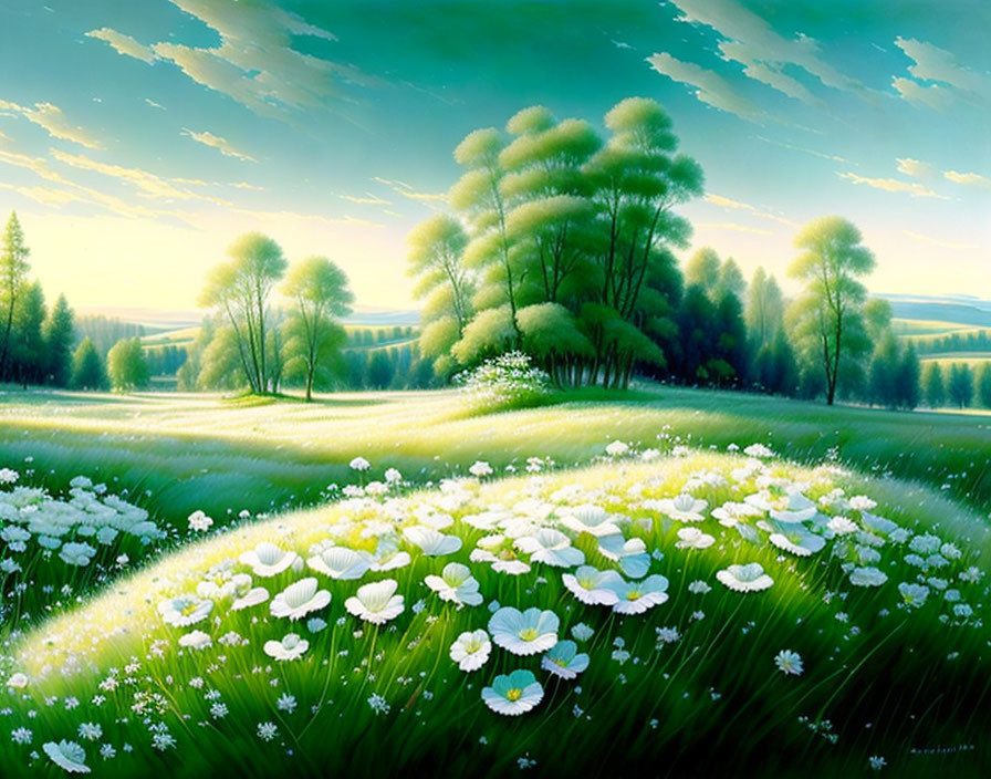 Lush green landscape with white flowers and trees under blue sky