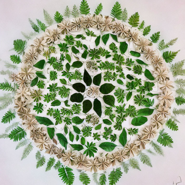 Circular Green and White Botanical Art with Symmetrical Leaf and Flower Design