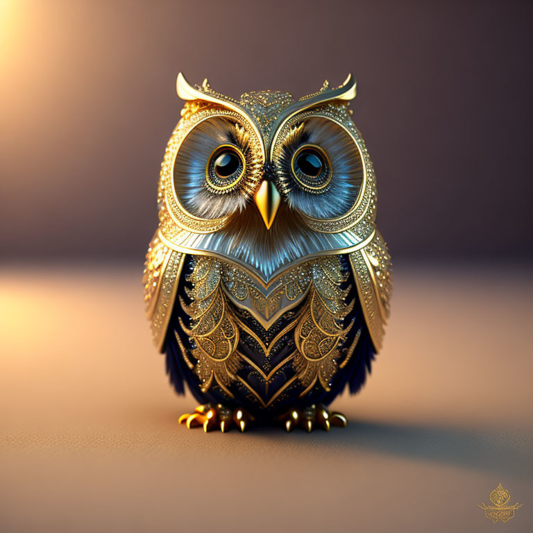 Intricate metallic owl with golden and blue designs on soft purple backdrop