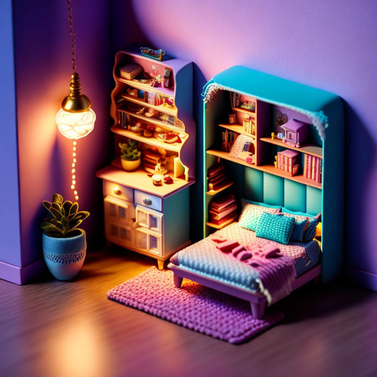 Miniature cozy room with bed, shelves, light, and plant in warm lighting