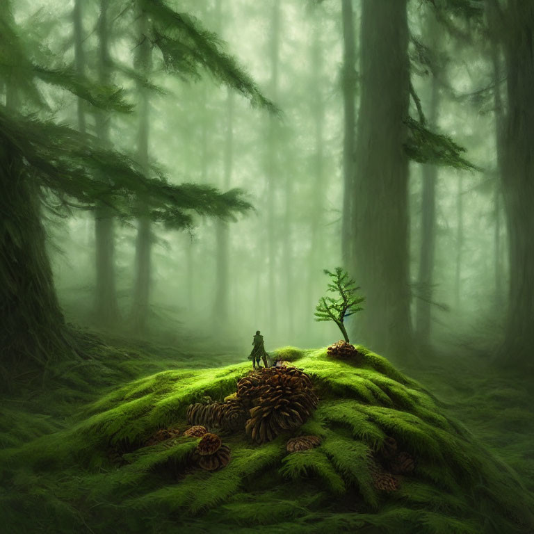 Tranquil forest scene with person by young tree and giant pine cones