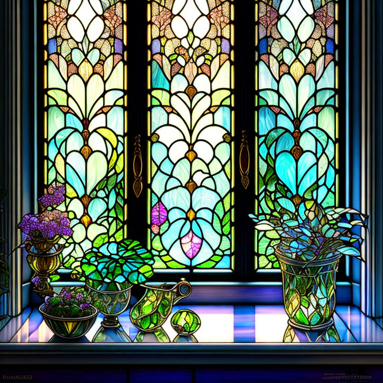 Floral pattern stained glass window with houseplants and decor