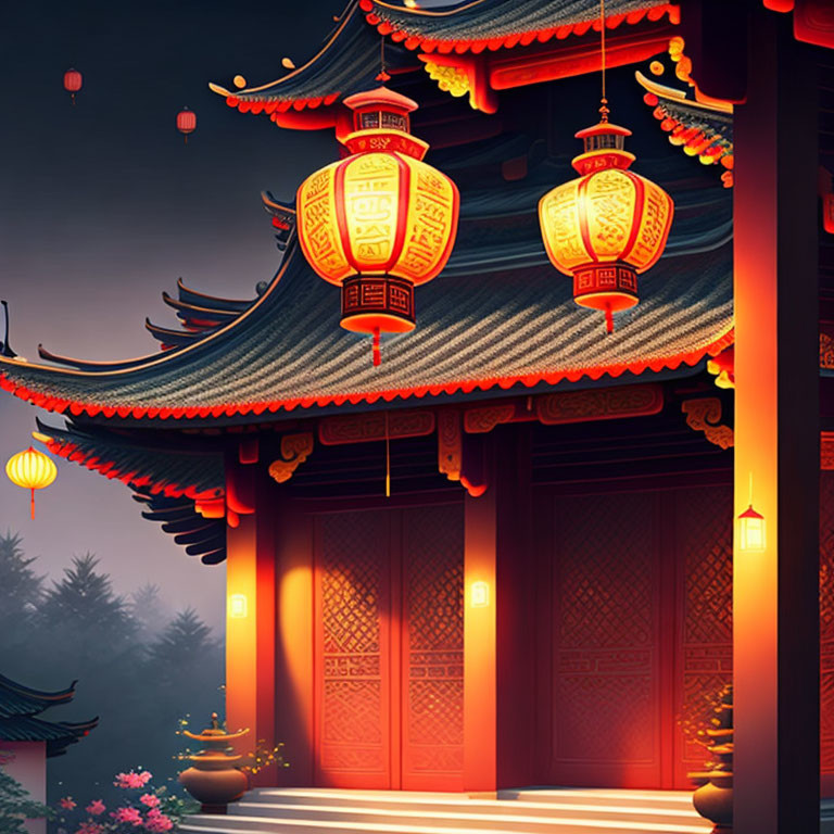 Asian Temple Entrance Illuminated by Red Lanterns at Dusk