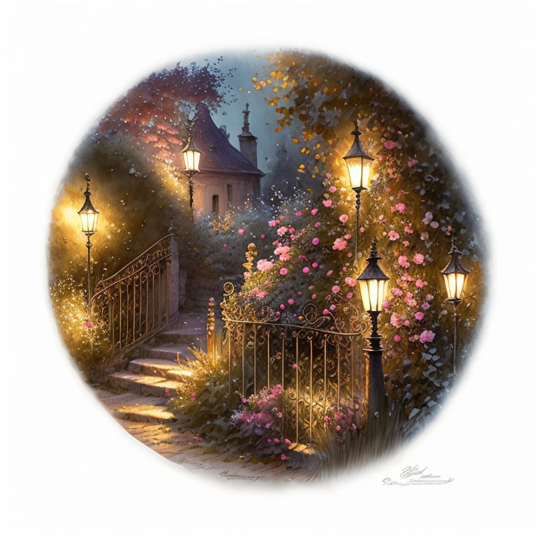 Circular-framed painting of garden pathway at dusk