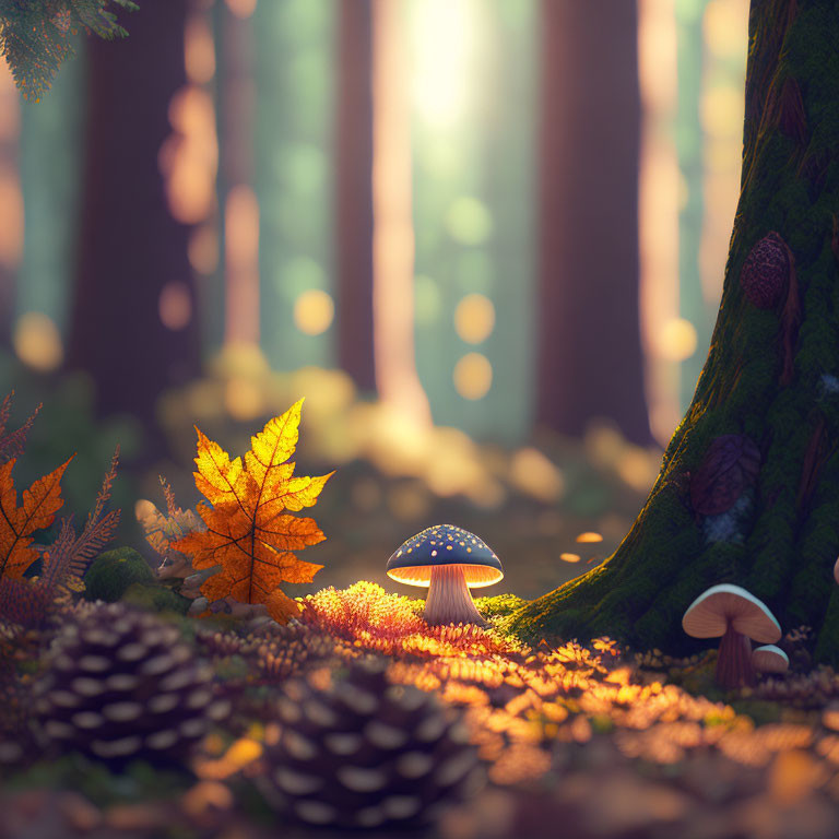 Serene forest scene with mushrooms, autumn leaves, and pine cone