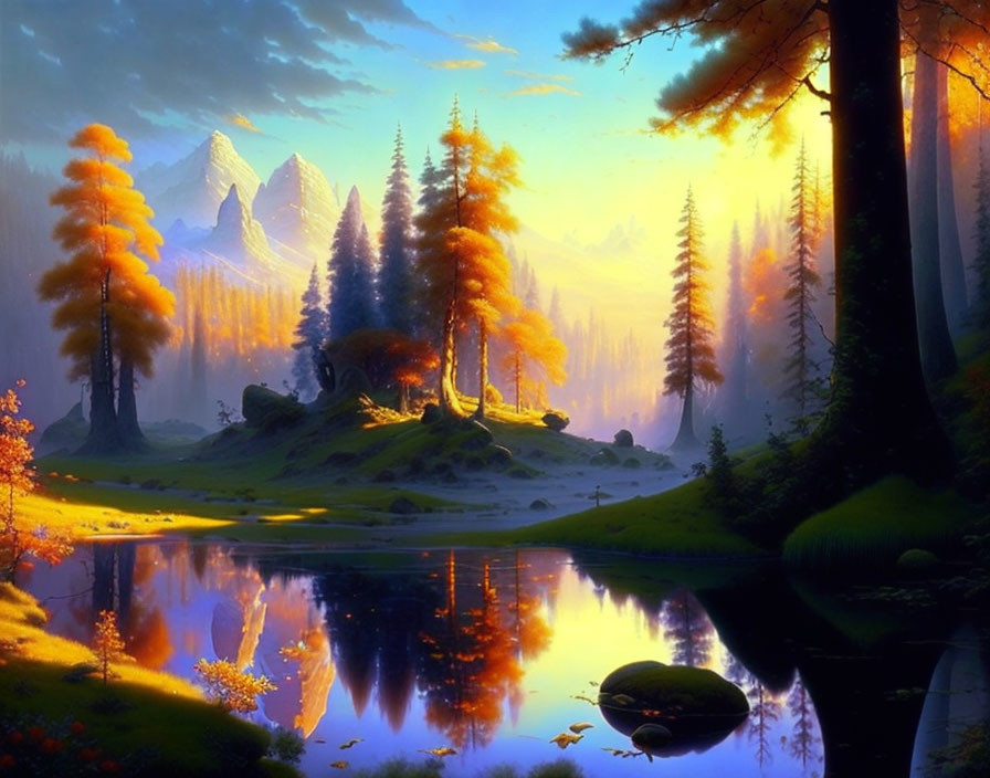 Vibrant Autumn Forest Sunrise Over Tranquil Lake