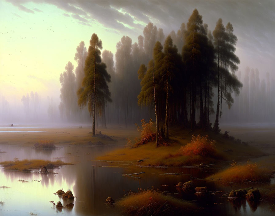 Tranquil landscape painting: serene lake, misty forest, calm waters at dawn/dusk