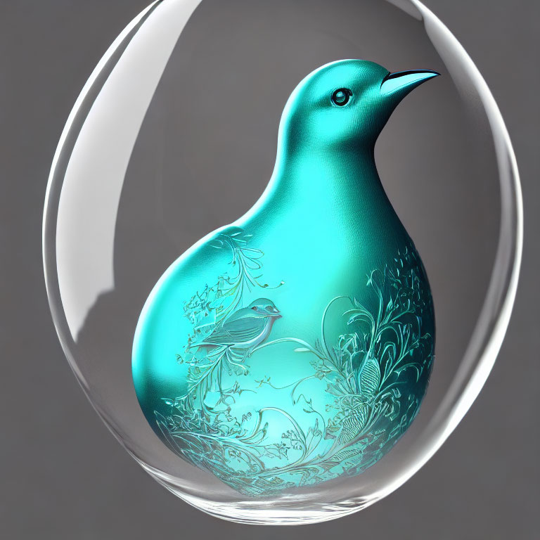 Teal Bird Figurine in Silver Frame on Gray Background