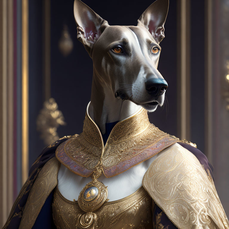 Regal Dog in Gold and Blue Royal Outfit