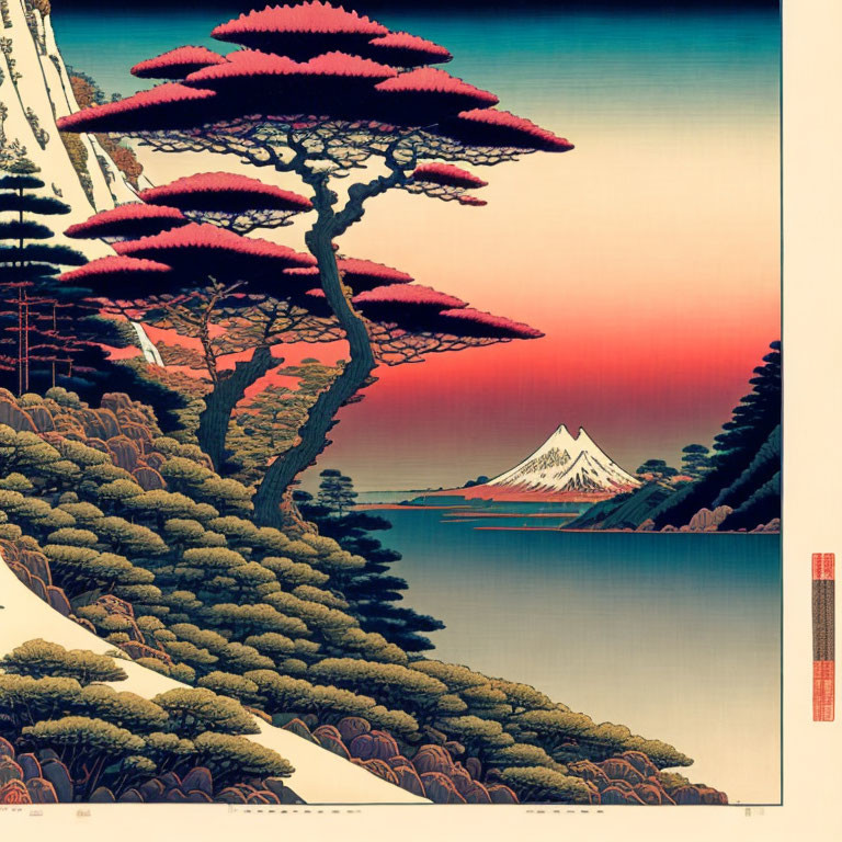 Traditional Japanese Woodblock Print: Mount Fuji Sunset with Vibrant Colors