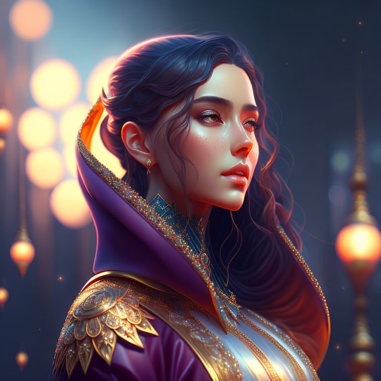 Elaborate gold-trimmed regalia on woman in digital portrait