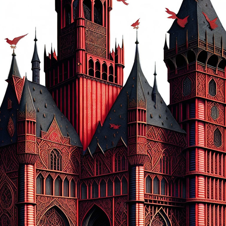 Ornate Gothic castle with red and black tones and flying birds