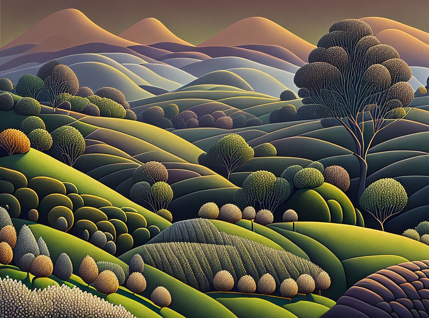 Colorful Abstract Landscape with Rolling Hills and Geometric Trees