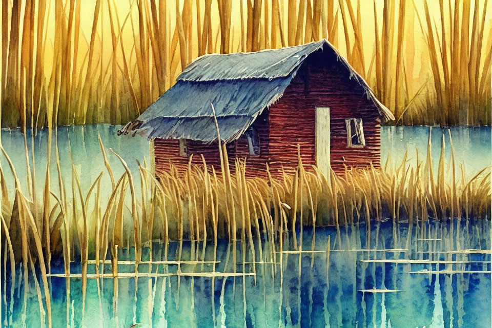 Small wooden cabin in watercolor by tranquil lake