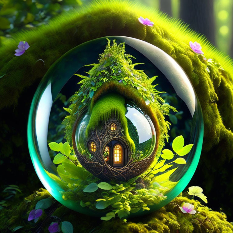 Miniature house and forest in crystal ball with vibrant flora.