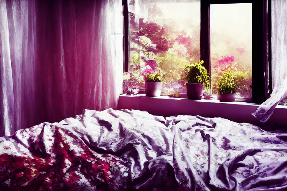 Cozy bedroom with rumpled bed, purple bedding, sheer curtains, and garden view