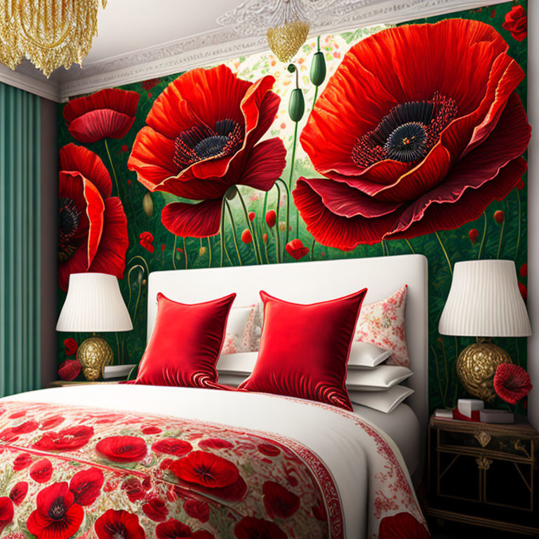 Vivid Room with Poppy Flower Decor and Red Pillows on Bed