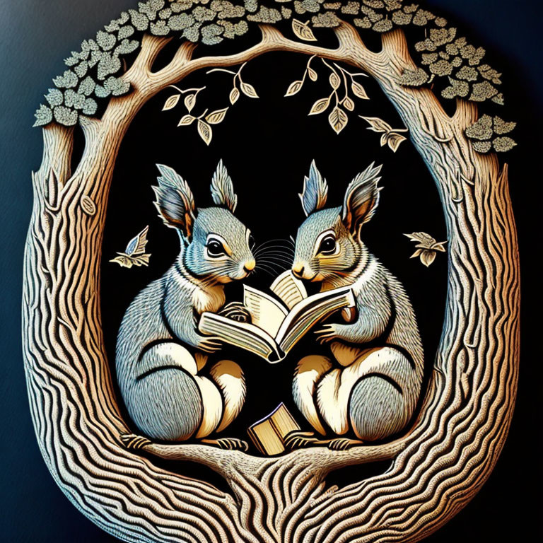 Intricately carved wooden squirrels reading book in circular tree design