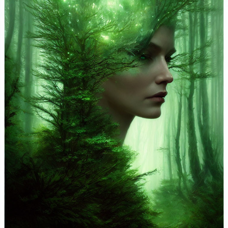 Woman's face merges with lush greenery in forest portrait.