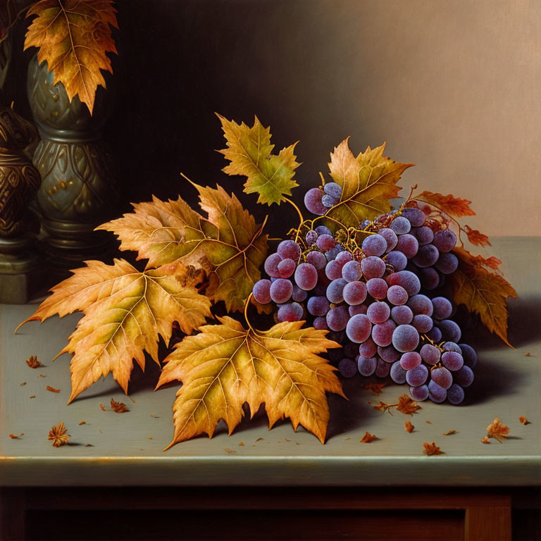 Realistic still life painting of purple grapes with yellow leaves on tabletop