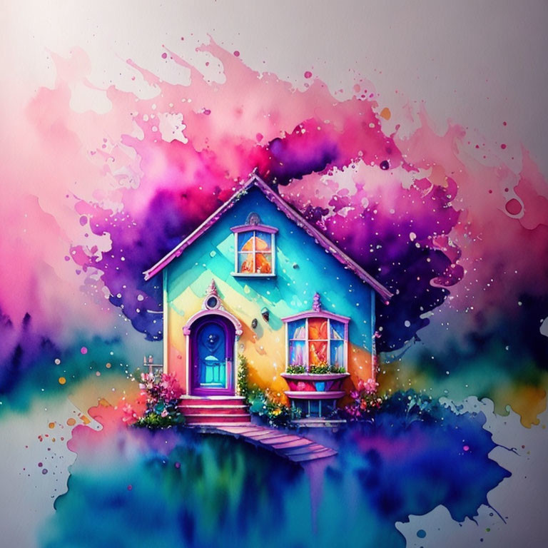 Colorful Watercolor-style Cottage Illustration with Vibrant Background