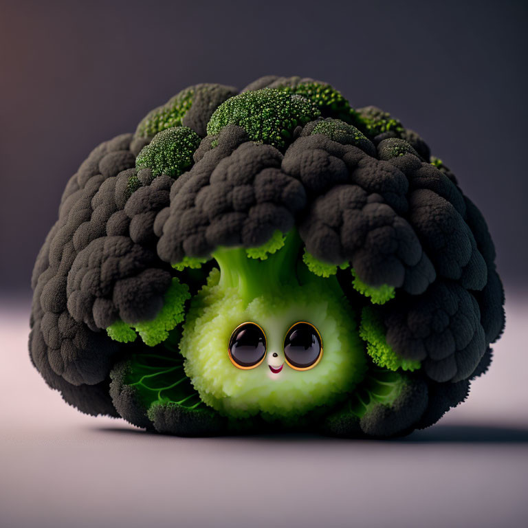 Whimsical digital illustration of cute broccoli with expressive eyes