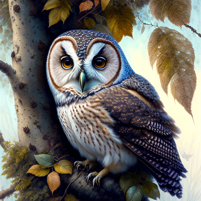 Detailed Owl Perched on Tree Branch with Intense Eyes