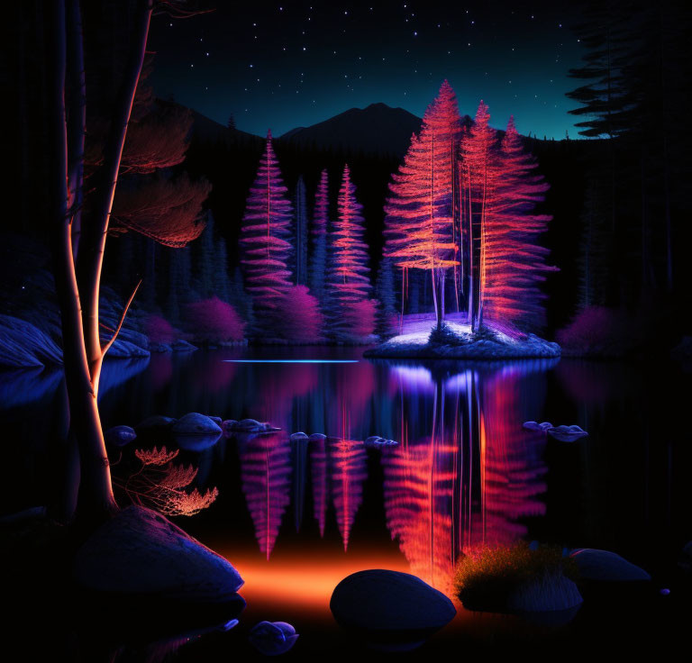 Surreal neon-lit night landscape with glowing trees and starry sky