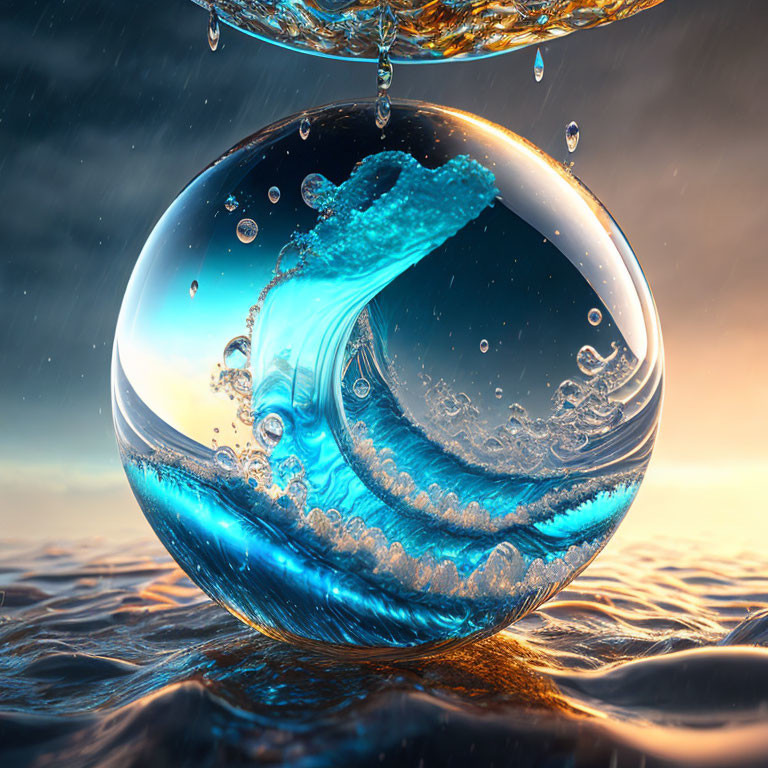 Crystal Ball Miniature Ocean Wave with Water Droplets in Golden Hour Seascape