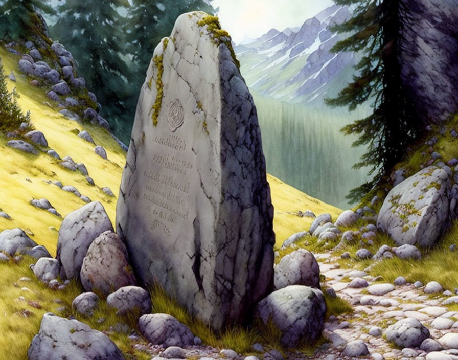 Engraved stone in serene mountain landscape with misty peaks