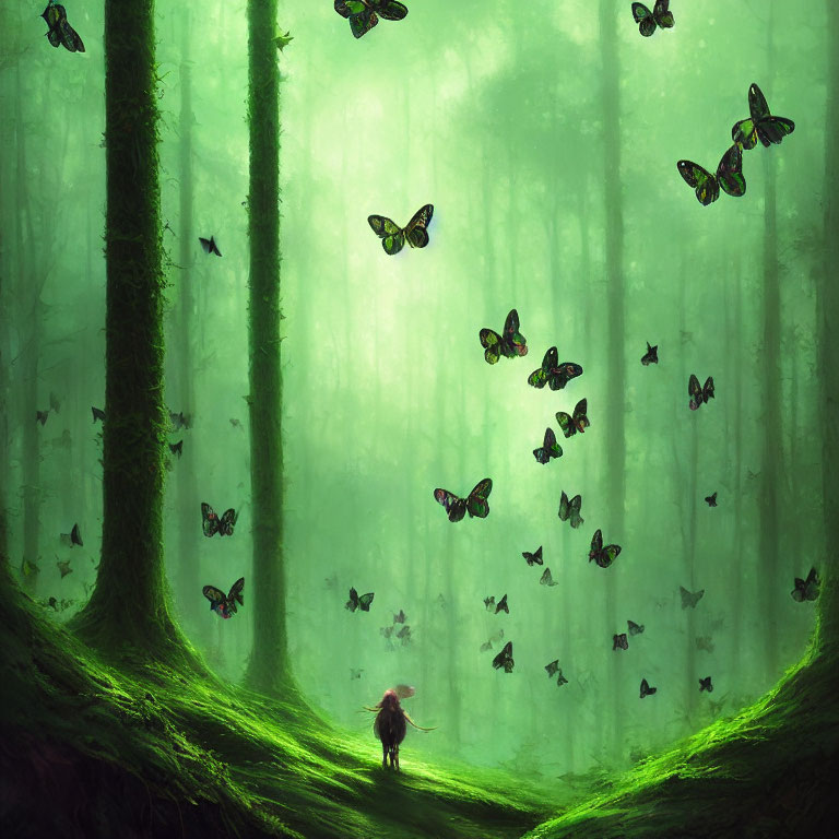 Person in Mystical Green Forest with Butterflies and Sunlight