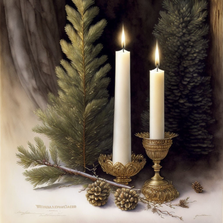 Ornate candle holders with pine branches and cones on muted background