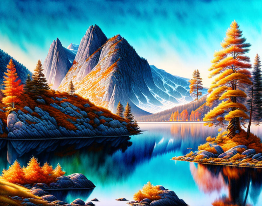 Colorful autumn landscape with trees, lake, and mountains