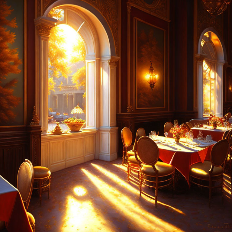 Luxurious dining room with sunset light and long shadows