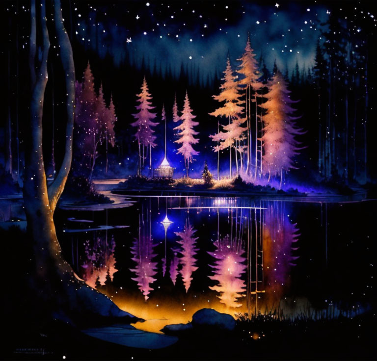 Tranquil night scene: Silhouetted pine trees, starry sky, still lake