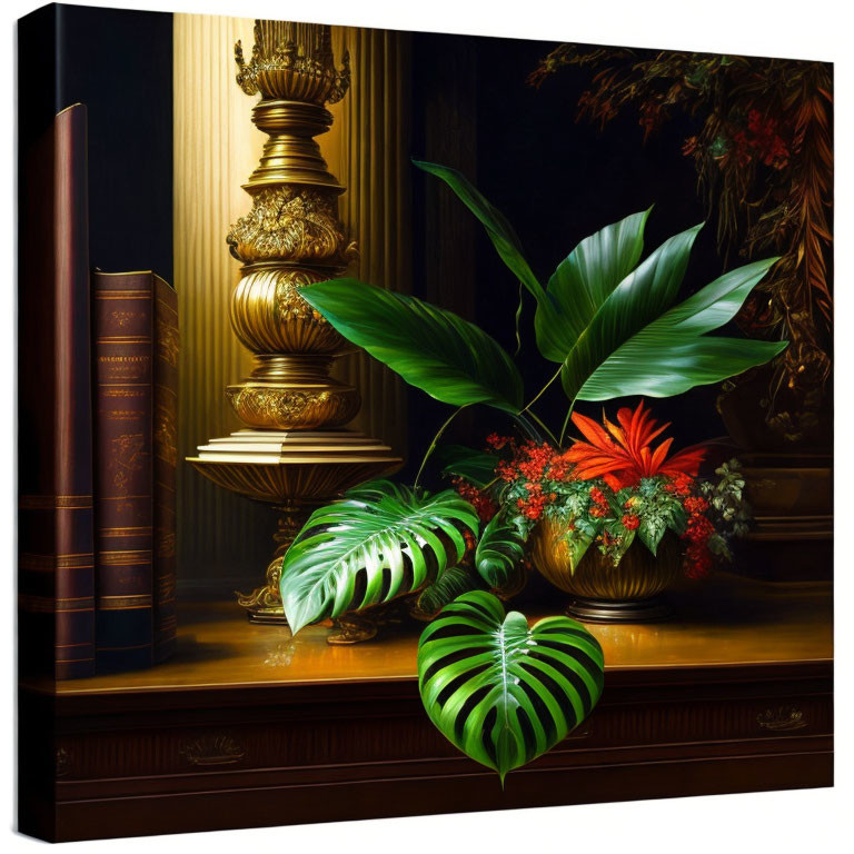 Books, golden lamp, plants, red flowers on wooden surface