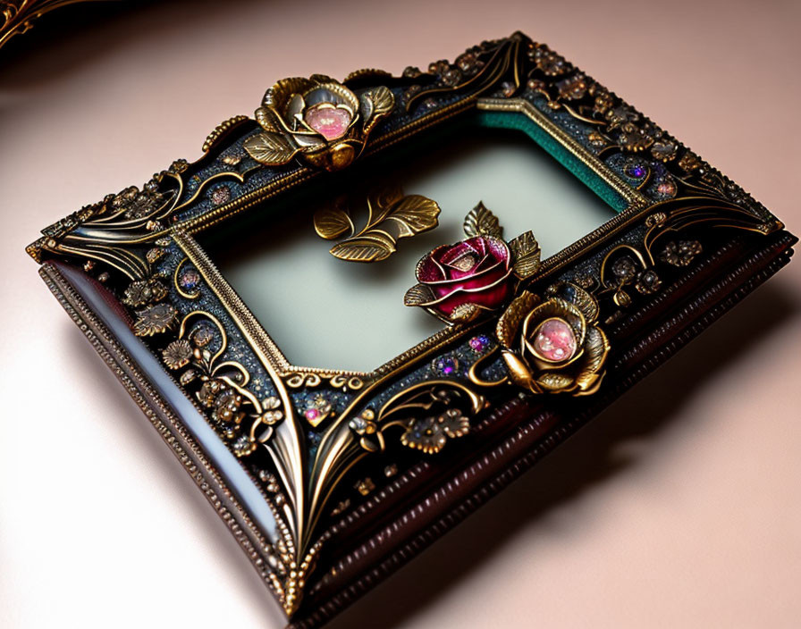 Vintage Frame with Metallic Floral Accents and Gemstones on Pink Surface