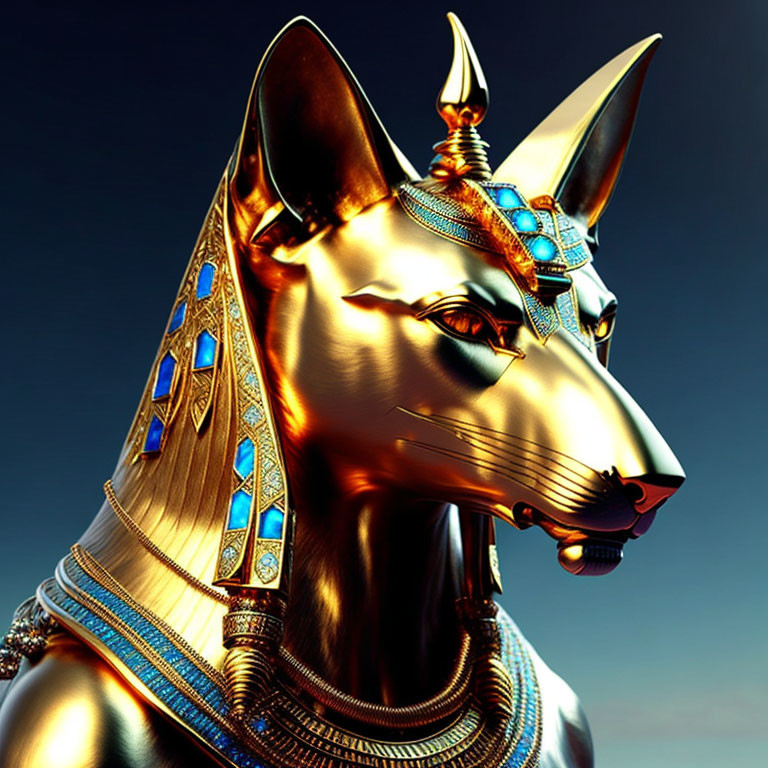 Intricately detailed golden Anubis statue with jewels on blue background