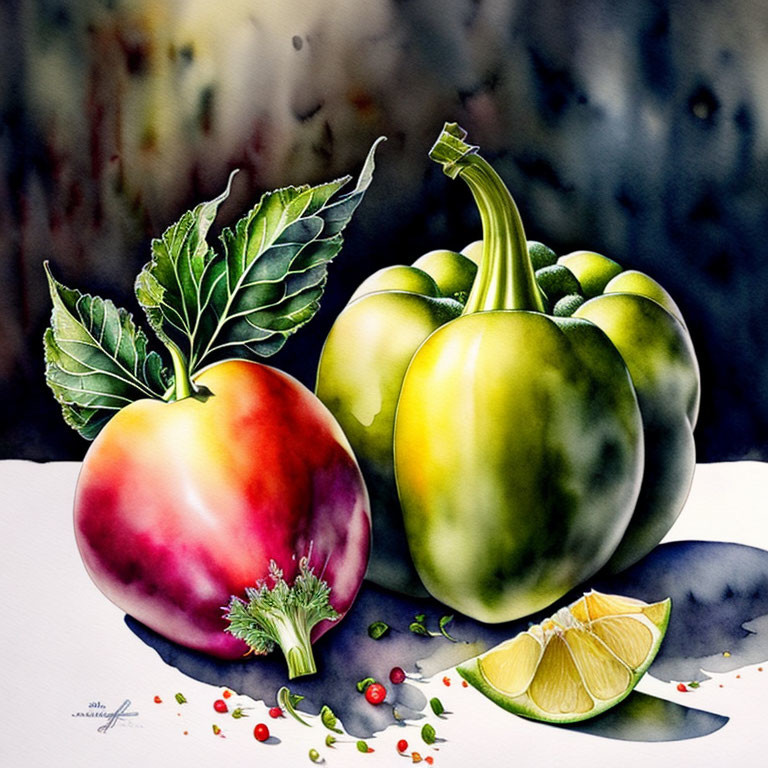 Colorful Watercolor Painting of Fresh Fruits and Vegetables